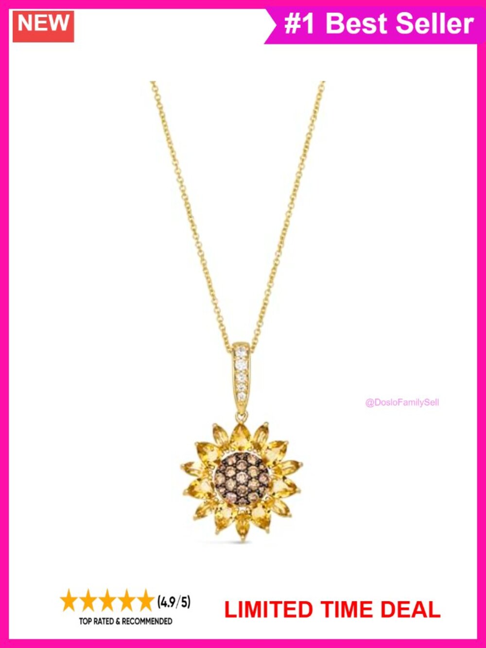 14k Yellow Gold Sunflower Pendant Necklace Marquise Pear Citrine 20 Inch
